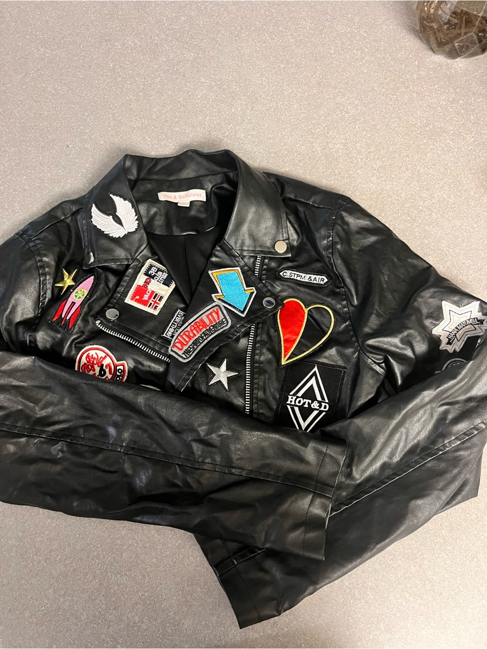 Mystique Boutique Black Faux Leather Patch Moto Jacket